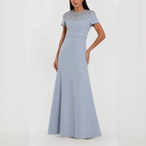 MAC DUGGAL Powder Blue High Neck Rhinestone Embellished Crepe Gown (Style 50038)
